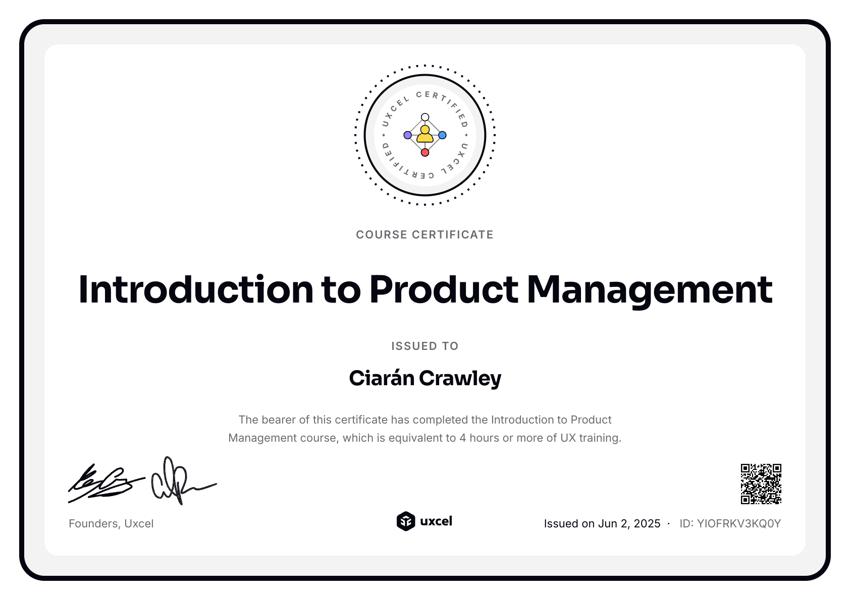 Ciarán Crawley's certificate